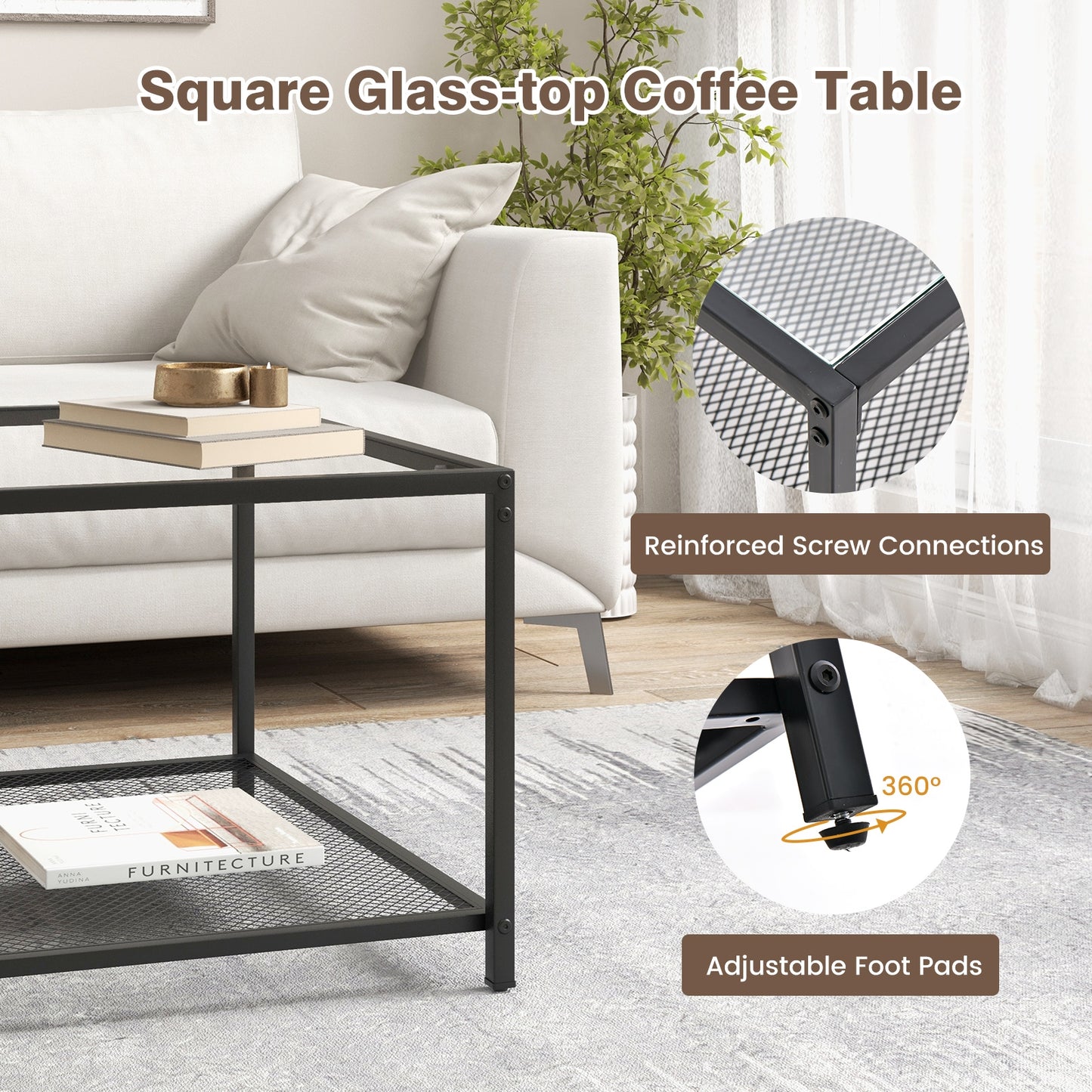 Contemporary 2-Tier Glass Coffee Table with Mesh Shelf - Transparent