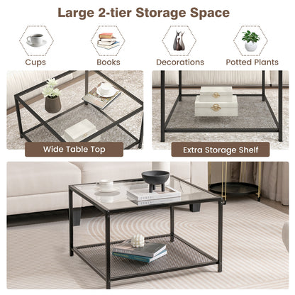 Contemporary 2-Tier Glass Coffee Table with Mesh Shelf - Transparent