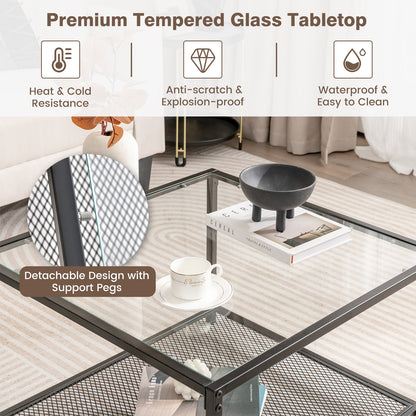 Contemporary 2-Tier Glass Coffee Table with Mesh Shelf - Transparent