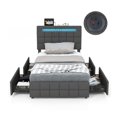 Modern Luxury Upholstered LED Bed Frame with Adjustable Headboard and 4 Storage Drawers - Twin Size