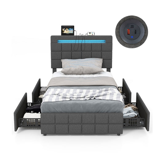 Modern Luxury Upholstered LED Bed Frame with Adjustable Headboard and 4 Storage Drawers - Twin Size