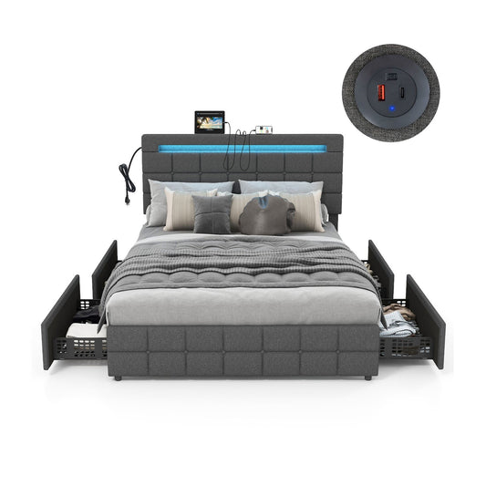 Modern Luxury Upholstered LED Bed Frame with Adjustable Headboard and 4 Storage Drawers - Full Size