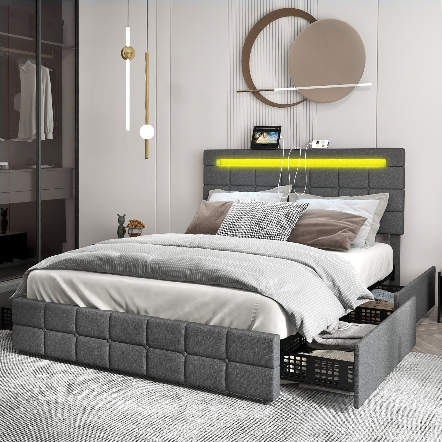 Modern Luxury Upholstered LED Bed Frame with Adjustable Headboard and 4 Storage Drawers - Full Size