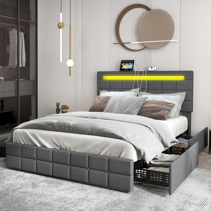 Modern Luxury Upholstered LED Bed Frame with Adjustable Headboard and 4 Storage Drawers - Full Size