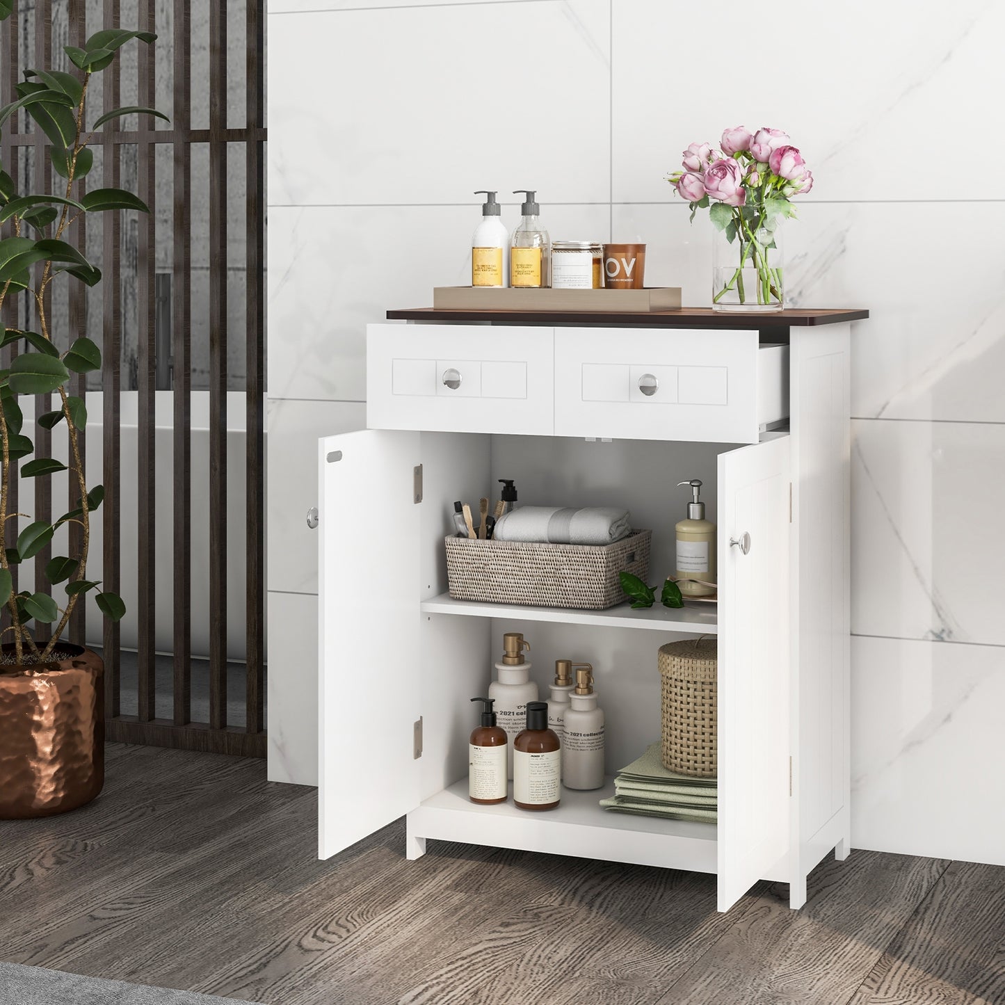 White Freestanding Bathroom Cabinet with 2 Drawers & Adjustable Shelf