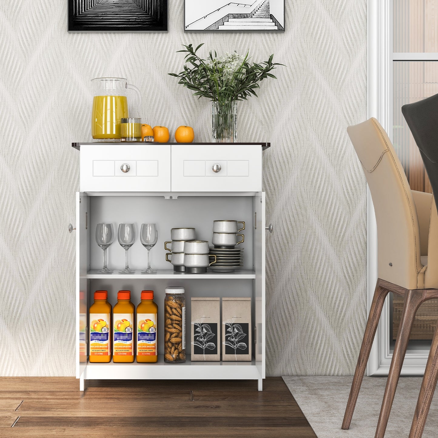 White Freestanding Bathroom Cabinet with 2 Drawers & Adjustable Shelf