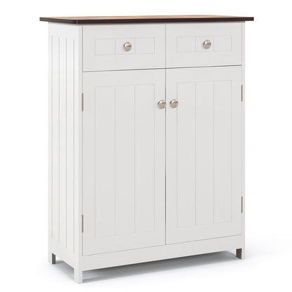 White Freestanding Bathroom Cabinet with 2 Drawers & Adjustable Shelf