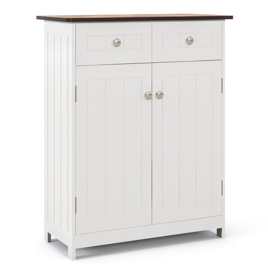 White Freestanding Bathroom Cabinet with 2 Drawers & Adjustable Shelf