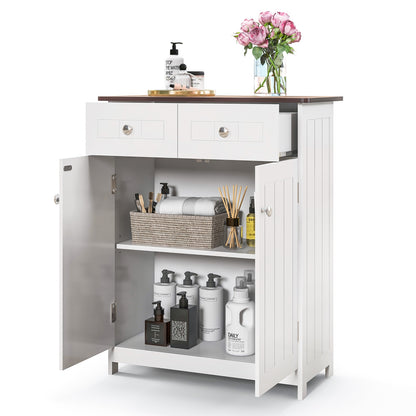 White Freestanding Bathroom Cabinet with 2 Drawers & Adjustable Shelf