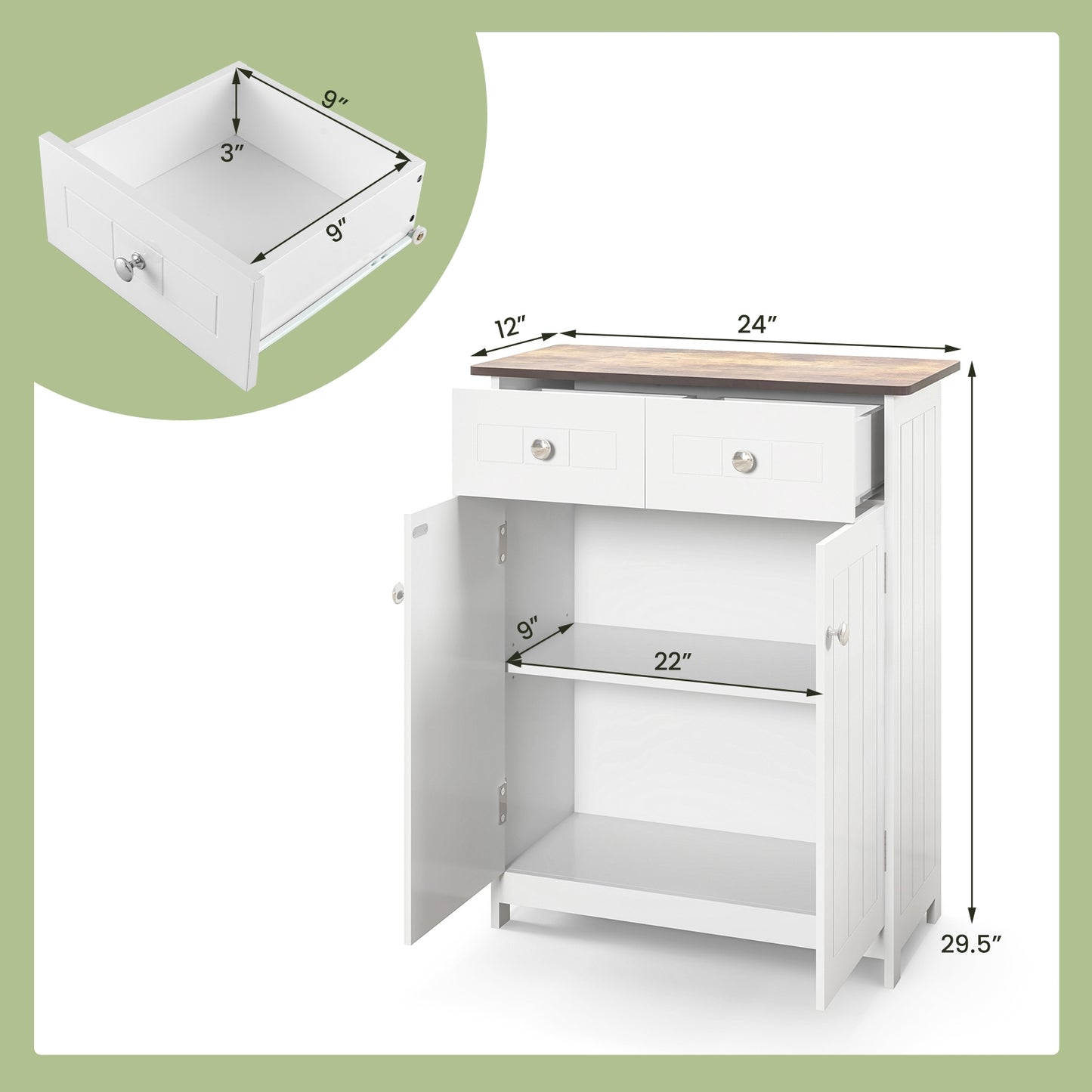 White Freestanding Bathroom Cabinet with 2 Drawers & Adjustable Shelf