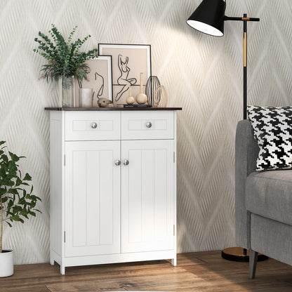 White Freestanding Bathroom Cabinet with 2 Drawers & Adjustable Shelf
