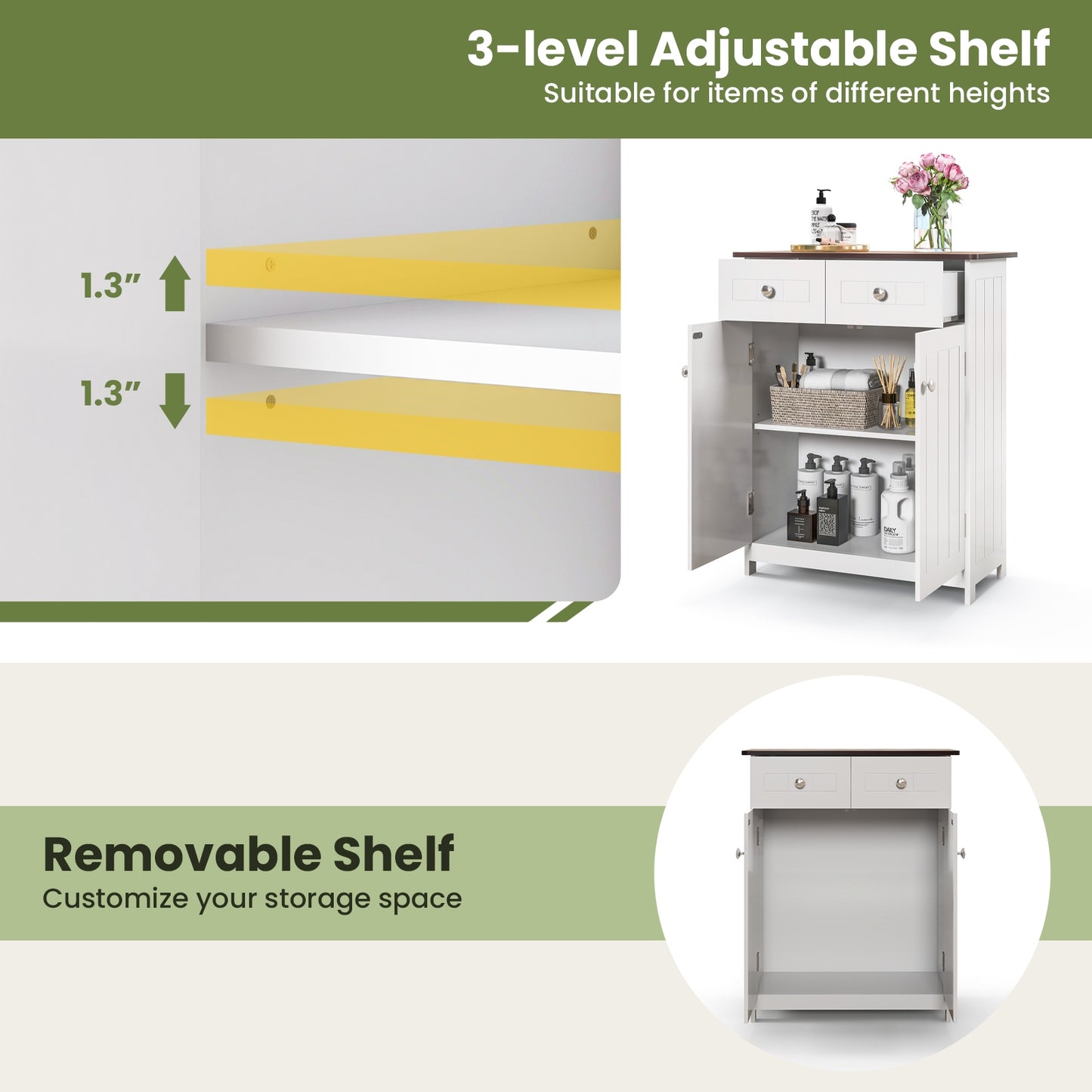 White Freestanding Bathroom Cabinet with 2 Drawers & Adjustable Shelf
