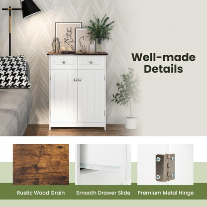White Freestanding Bathroom Cabinet with 2 Drawers & Adjustable Shelf
