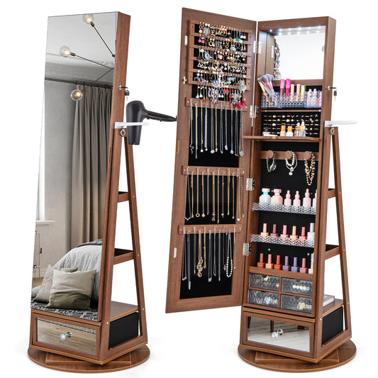 360° Swivel Lockable Jewelry Armoire with LED Lights and Full-Length Mirror – Walnut
