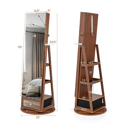 360° Swivel Lockable Jewelry Armoire with LED Lights and Full-Length Mirror – Walnut