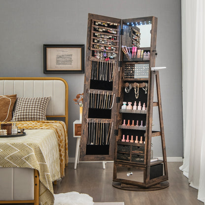 360° Swivel Lockable Jewelry Armoire with LED Lights and Full-Length Mirror – Rustic Brown