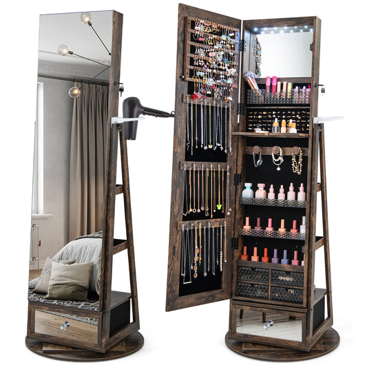 360° Swivel Lockable Jewelry Armoire with LED Lights and Full-Length Mirror – Rustic Brown