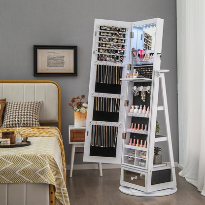 360° Swivel Lockable Jewelry Armoire with LED Lights and Full-Length Mirror – White