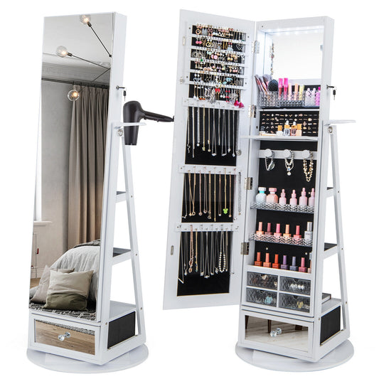 360° Swivel Lockable Jewelry Armoire with LED Lights and Full-Length Mirror – White