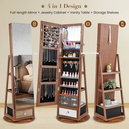 360° Swivel Lockable Jewelry Armoire with LED Lights and Full-Length Mirror – Walnut