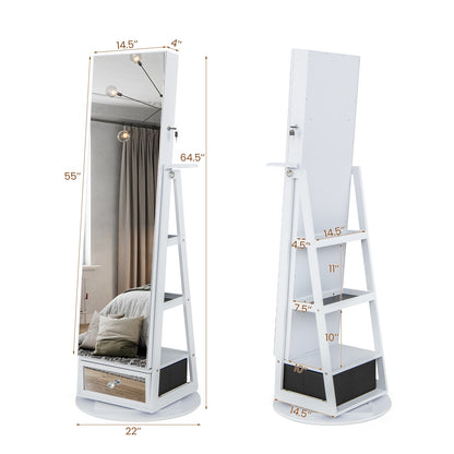 360° Swivel Lockable Jewelry Armoire with LED Lights and Full-Length Mirror – White