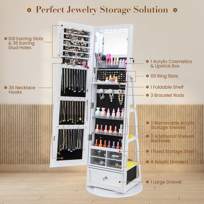 360° Swivel Lockable Jewelry Armoire with LED Lights and Full-Length Mirror – White