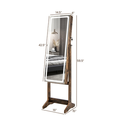 Standing Jewelry Armoire with Lock, LED Lighted Full-Length Mirror and Storage Shelves – Rustic Brown
