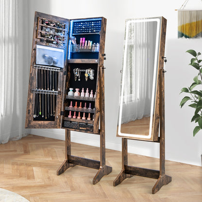 Standing Jewelry Armoire with Lock, LED Lighted Full-Length Mirror and Storage Shelves – Rustic Brown