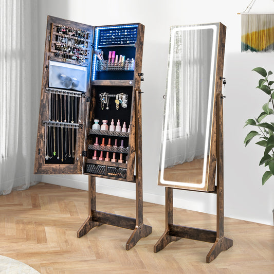 Standing Jewelry Armoire with Lock, LED Lighted Full-Length Mirror and Storage Shelves – Rustic Brown