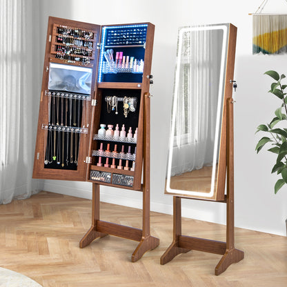 Standing Jewelry Armoire with Lock, LED Lighted Full-Length Mirror and Storage Shelves – Walnut
