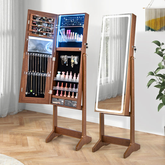 Standing Jewelry Armoire with Lock, LED Lighted Full-Length Mirror and Storage Shelves – Walnut