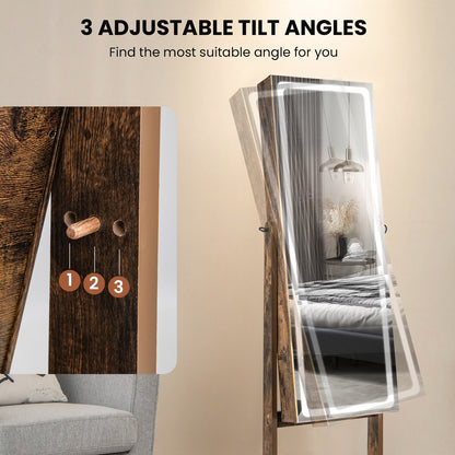 Standing Jewelry Armoire with Lock, LED Lighted Full-Length Mirror and Storage Shelves – Rustic Brown