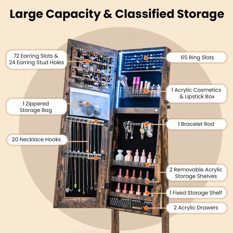 Standing Jewelry Armoire with Lock, LED Lighted Full-Length Mirror and Storage Shelves – Rustic Brown