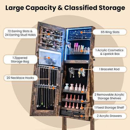 Standing Jewelry Armoire with Lock, LED Lighted Full-Length Mirror and Storage Shelves – Rustic Brown