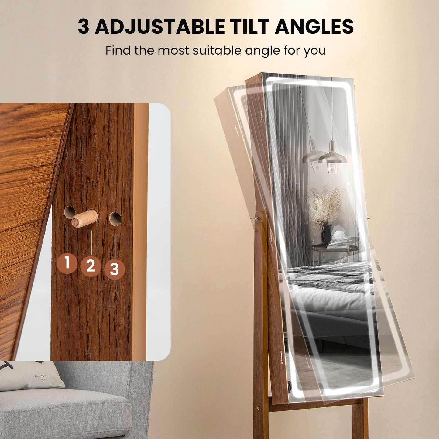 Standing Jewelry Armoire with Lock, LED Lighted Full-Length Mirror and Storage Shelves – Walnut
