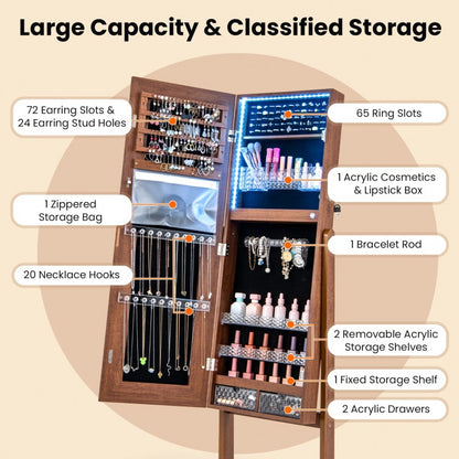 Standing Jewelry Armoire with Lock, LED Lighted Full-Length Mirror and Storage Shelves – Walnut