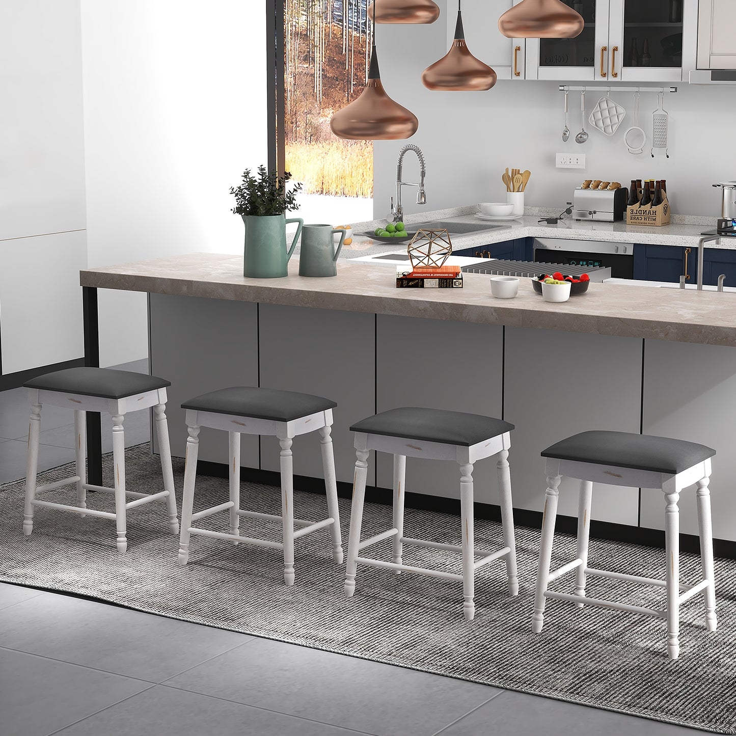 Set of 2 Bar Stools with Padded Cushions and Solid Wood Legs 24"