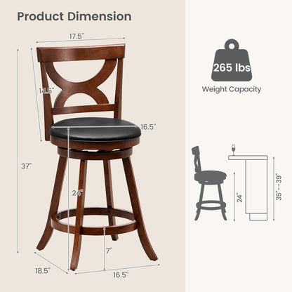 Swivel Bar Stools Set of 2 with Cushioned Seat and Hollow Backrest for Kitchen or Dining Room 24 Inch