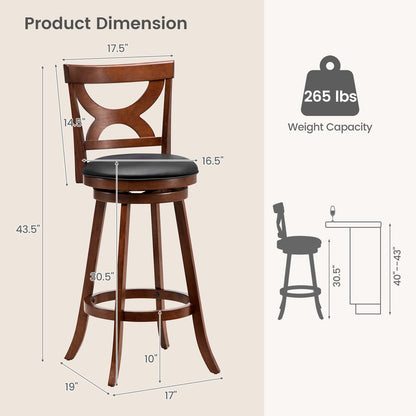 Swivel Bar Stools Set of 2 with Cushioned Seat and Hollow Backrest for Kitchen or Dining Room 30.5 Inch