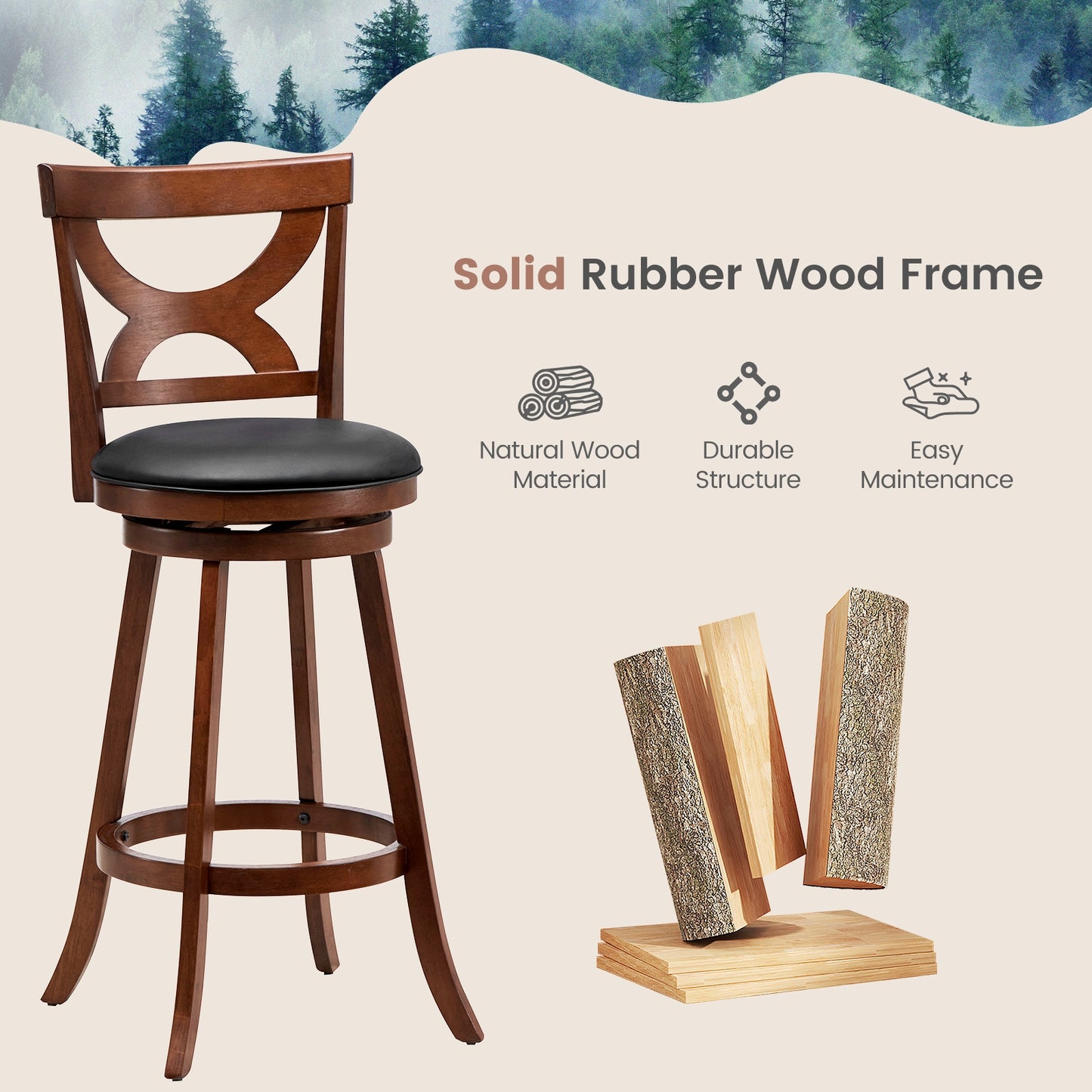 Swivel Bar Stools Set of 2 with Cushioned Seat and Hollow Backrest for Kitchen or Dining Room 30.5 Inch