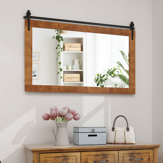 40 x 26 Inch Farmhouse Barn Door Style Wall Mirror with Solid Wood Frame and Metal Bracket - Brown