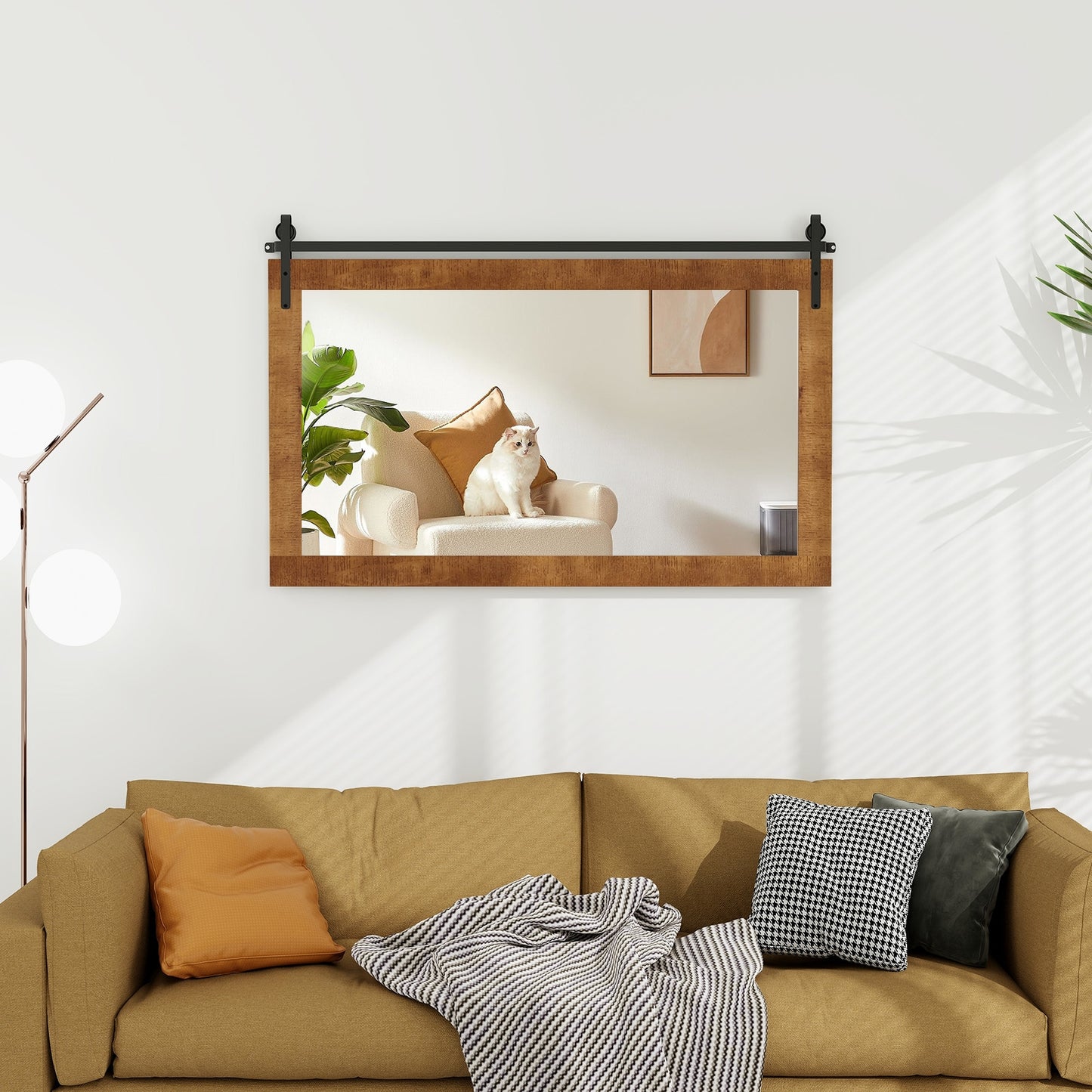 40 x 26 Inch Farmhouse Barn Door Style Wall Mirror with Solid Wood Frame and Metal Bracket - Brown
