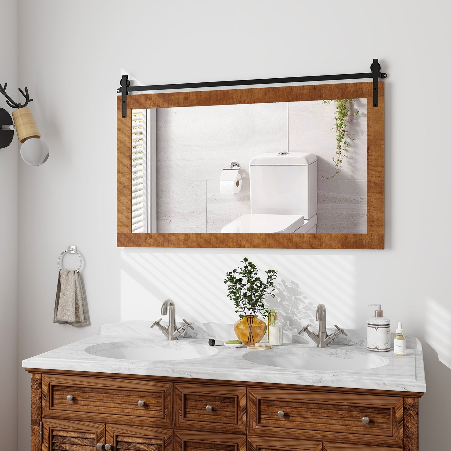 40 x 26 Inch Farmhouse Barn Door Style Wall Mirror with Solid Wood Frame and Metal Bracket - Brown