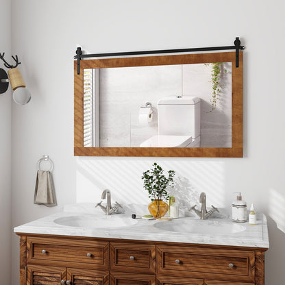 40 x 26 Inch Farmhouse Barn Door Style Wall Mirror with Solid Wood Frame and Metal Bracket - Brown