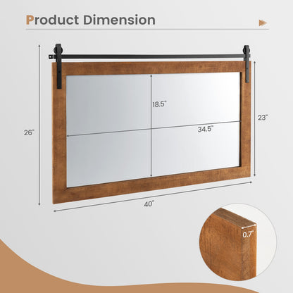 40 x 26 Inch Farmhouse Barn Door Style Wall Mirror with Solid Wood Frame and Metal Bracket - Brown