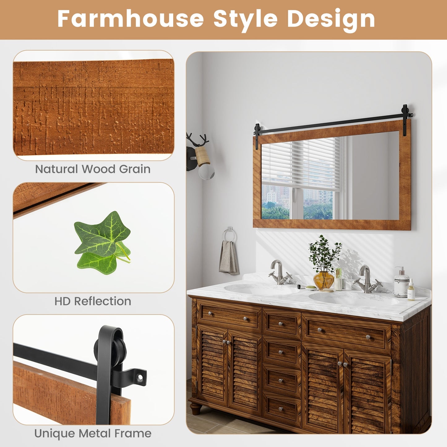 40 x 26 Inch Farmhouse Barn Door Style Wall Mirror with Solid Wood Frame and Metal Bracket - Brown