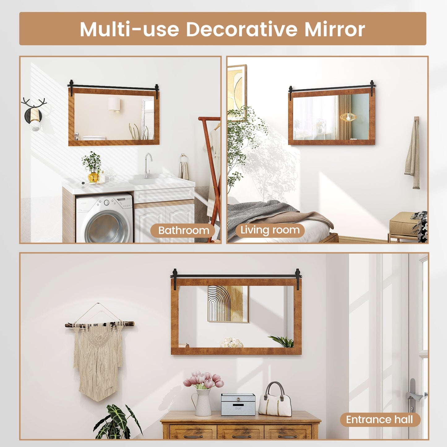 40 x 26 Inch Farmhouse Barn Door Style Wall Mirror with Solid Wood Frame and Metal Bracket - Brown
