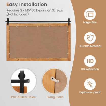 40 x 26 Inch Farmhouse Barn Door Style Wall Mirror with Solid Wood Frame and Metal Bracket - Brown