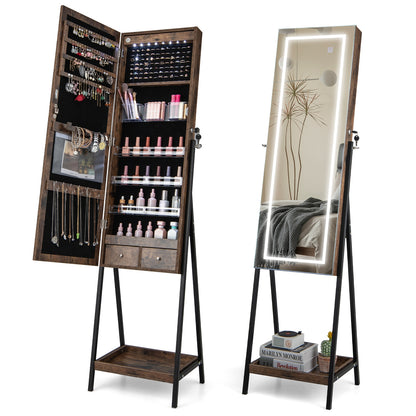 LED Jewelry Armoire with 3-Color Lighted Full-Length Mirror, Lockable Storage, and Standing Design – Rustic Brown