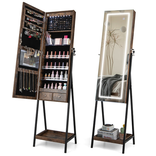LED Jewelry Armoire with 3-Color Lighted Full-Length Mirror, Lockable Storage, and Standing Design – Rustic Brown